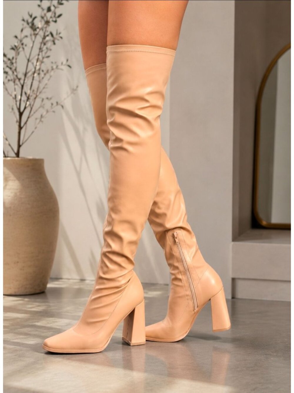 Over-The-Knee Block Heel Boots In Nude With Side Zipper Closure And Soft Faux Le